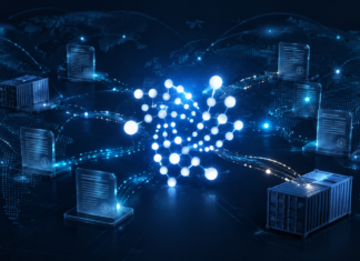 Digitale Darstellung des IOTA-Netzwerks mit globalen Handelsrouten, Dokumenten und Frachtcontainern