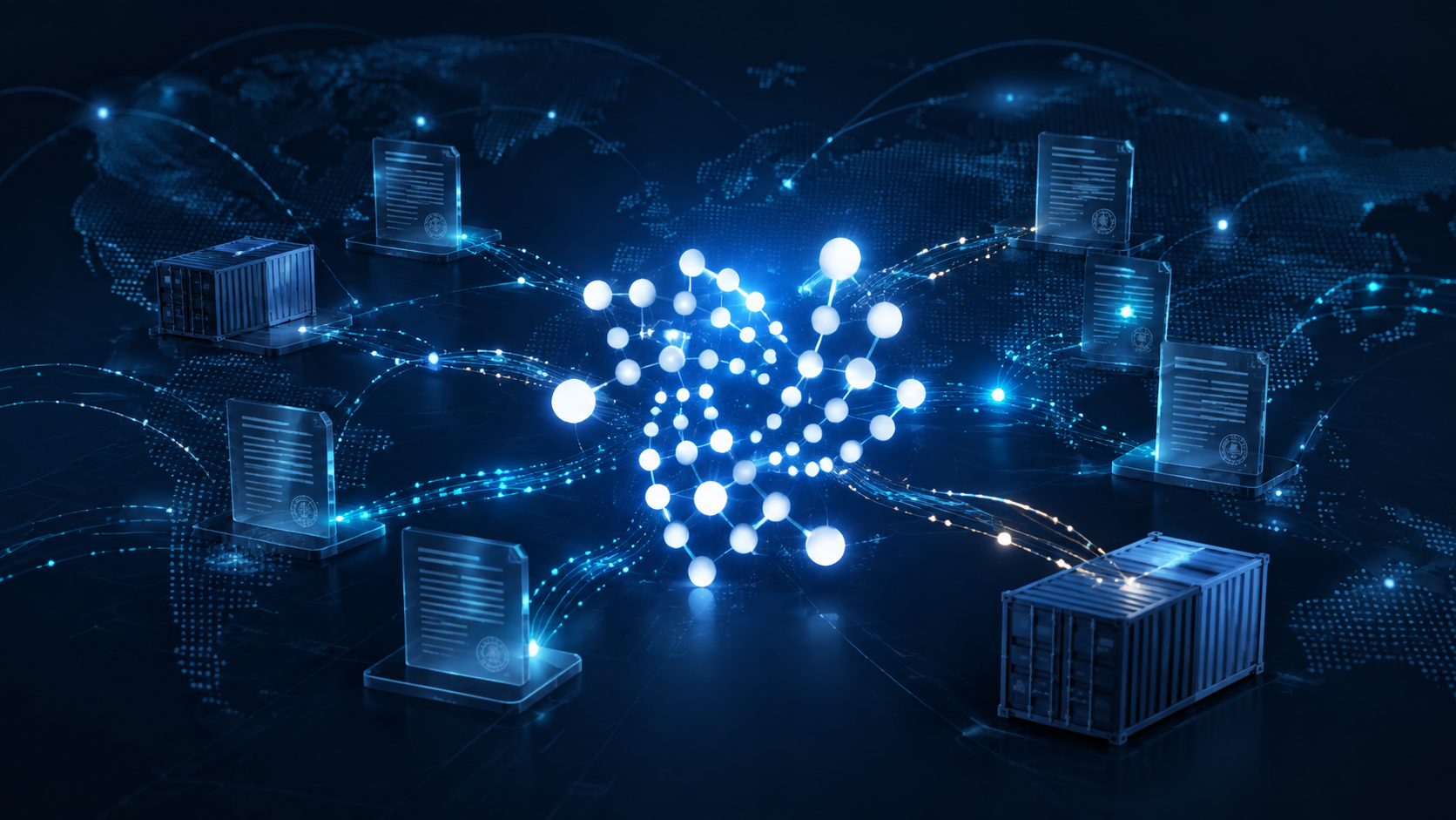 Digitale Darstellung des IOTA-Netzwerks mit globalen Handelsrouten, Dokumenten und Frachtcontainern