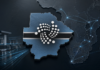 IOTA-Logo auf der Karte Botswanas vor digital vernetzten Handelsrouten in Afrika