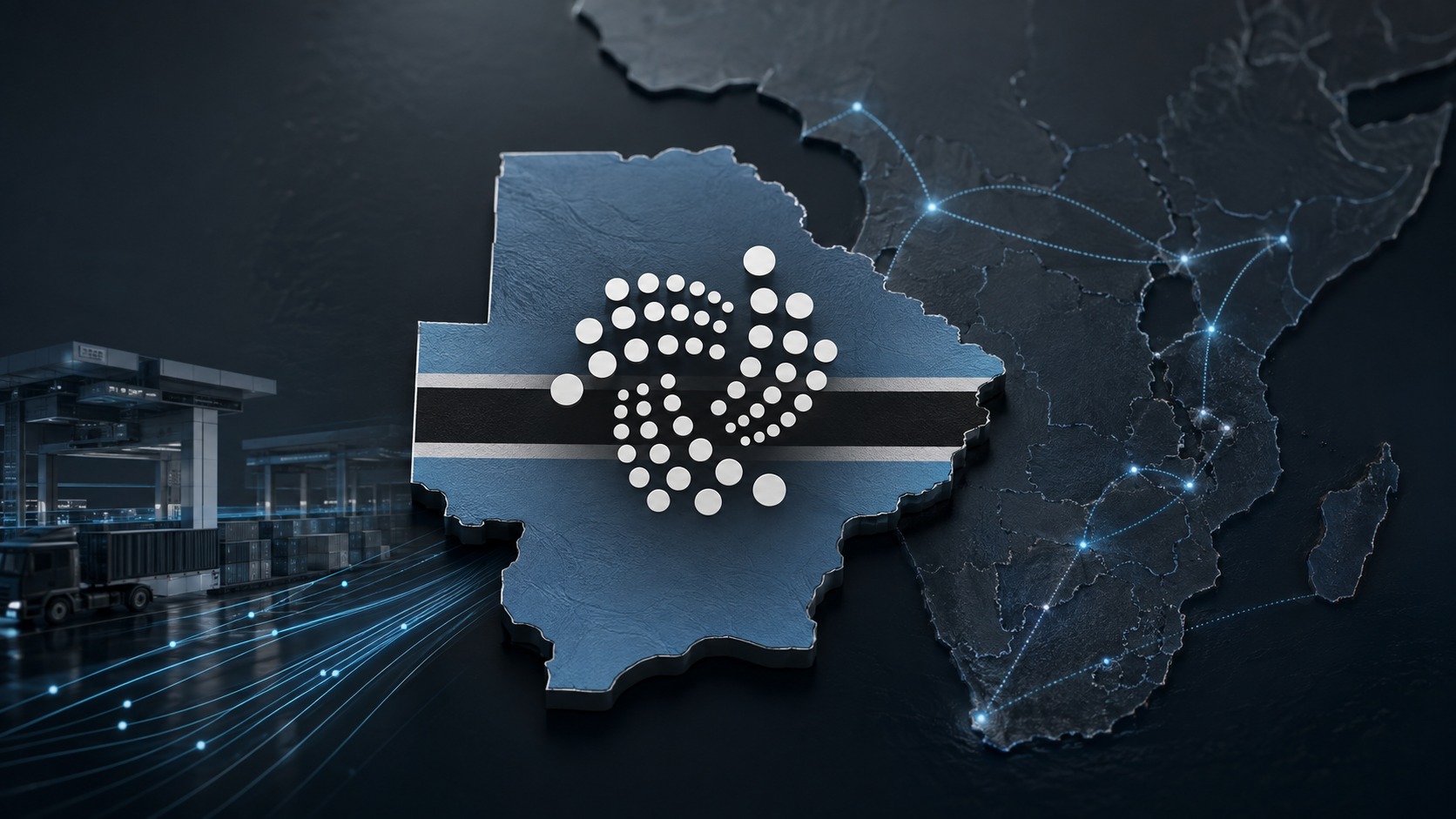 IOTA-Logo auf der Karte Botswanas vor digital vernetzten Handelsrouten in Afrika