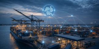 Containerhafen in Kenia mit digitaler Vernetzung und IOTA-Symbol