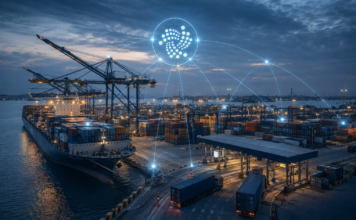 Containerhafen in Kenia mit digitaler Vernetzung und IOTA-Symbol