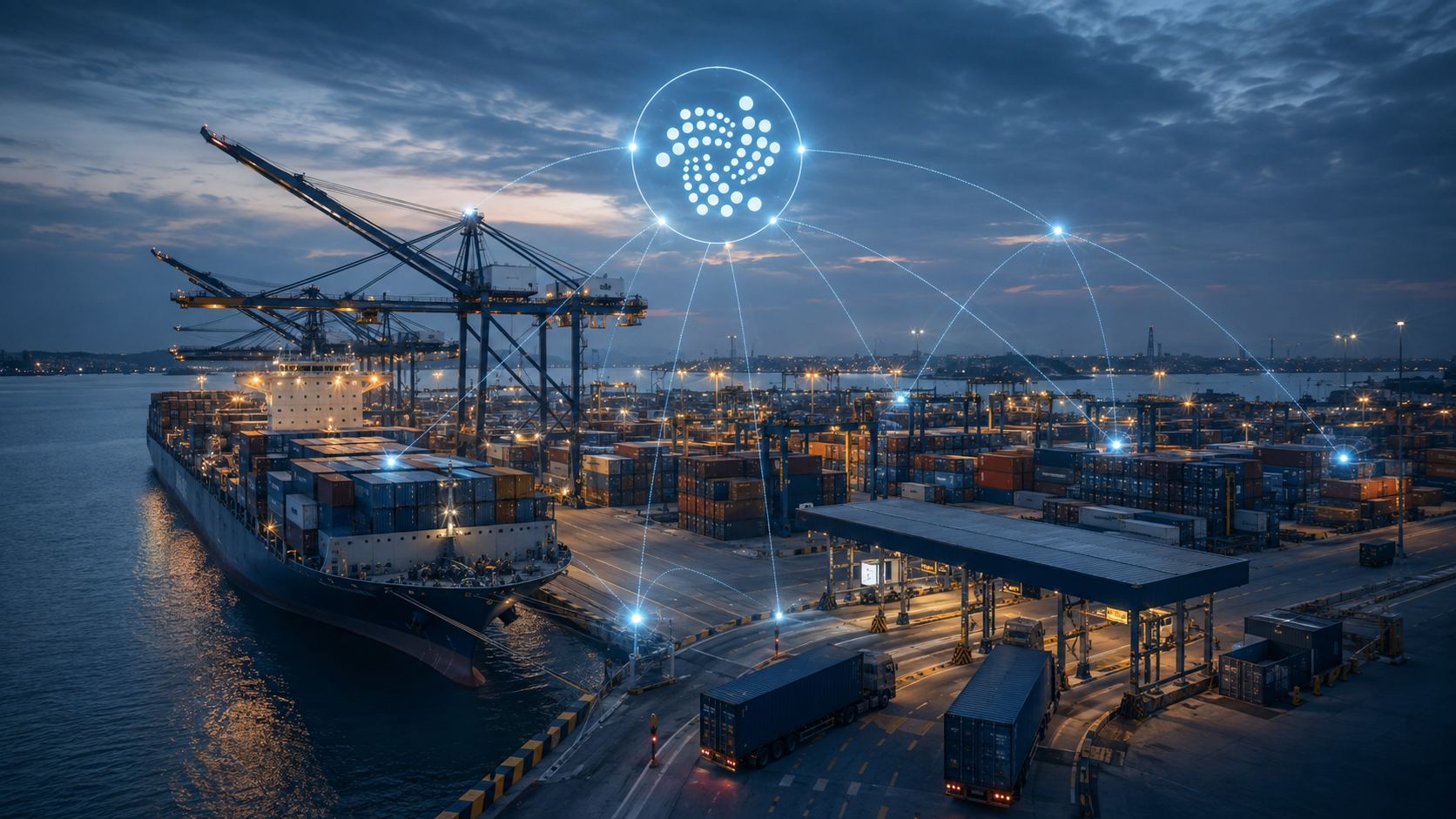 Containerhafen in Kenia mit digitaler Vernetzung und IOTA-Symbol