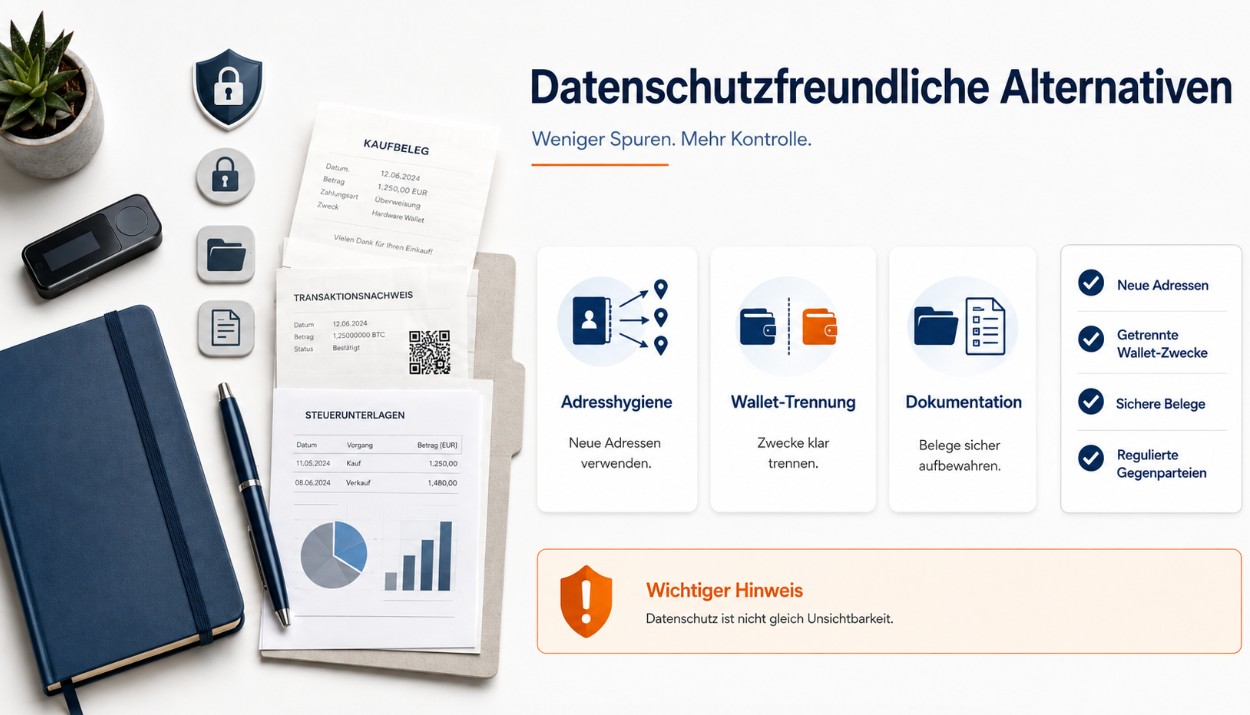 Infografik zu datenschutzfreundlichen Bitcoin-Alternativen mit den Punkten Adresshygiene, Wallet-Trennung, Dokumentation und regulierten Gegenparteien.