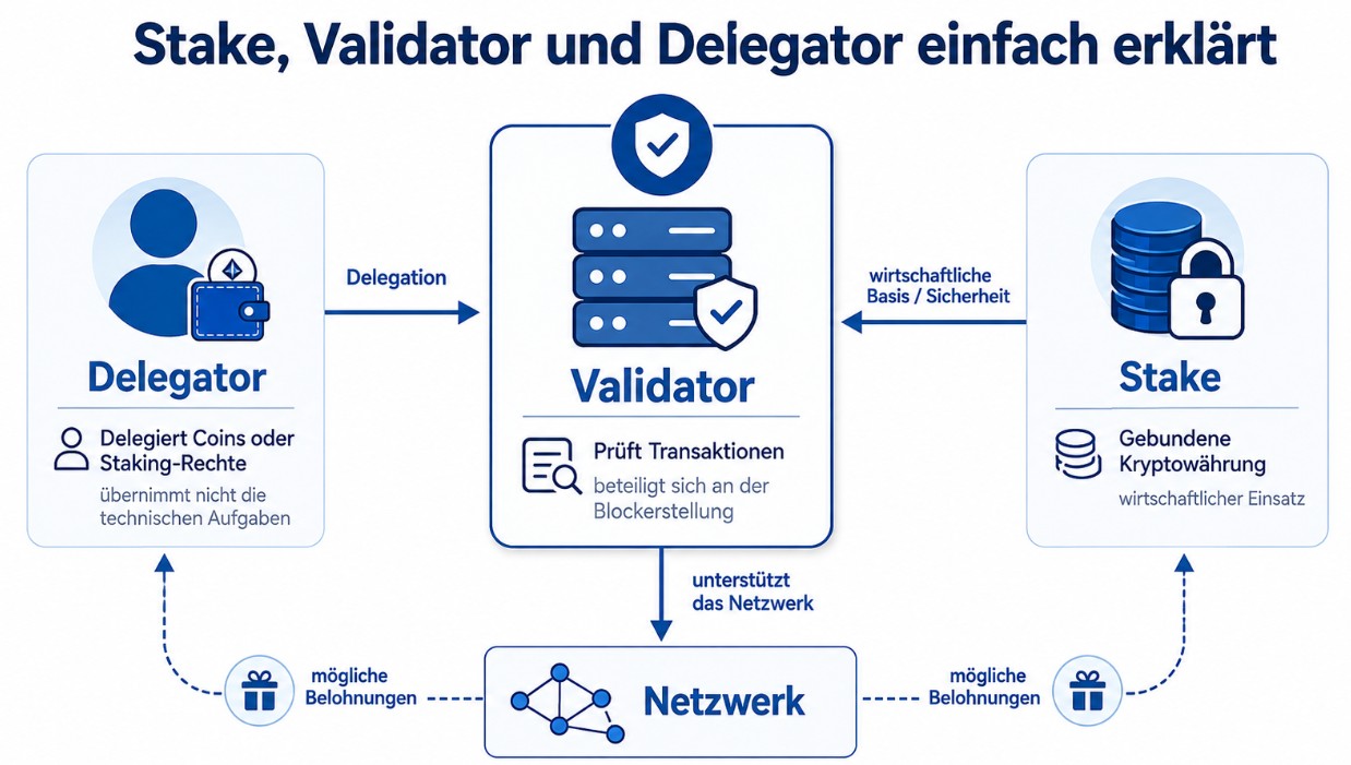 Infografik zu Stake, Validator und Delegator beim Krypto-Staking mit Pfeilen für Delegation, Netzwerkunterstützung und mögliche Belohnungen.