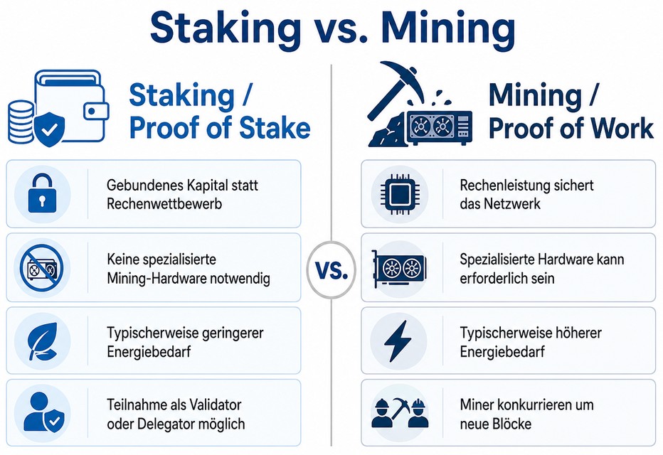 Staking vs. Mining – Vergleich von Proof of Stake und Proof of Work hinsichtlich Kapital, Hardware, Energiebedarf und Netzwerkbeteiligung.