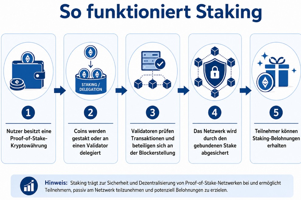 So funktioniert Staking in fünf Schritten – vom Besitz einer Proof-of-Stake-Kryptowährung bis zu möglichen Staking-Belohnungen