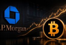 JPMorgan-Logo und Bitcoin-Logo vor steigendem Kurschart