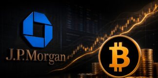 JPMorgan-Logo und Bitcoin-Logo vor steigendem Kurschart
