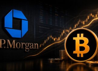 JPMorgan-Logo und Bitcoin-Logo vor steigendem Kurschart