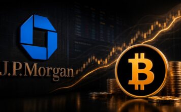 JPMorgan-Logo und Bitcoin-Logo vor steigendem Kurschart