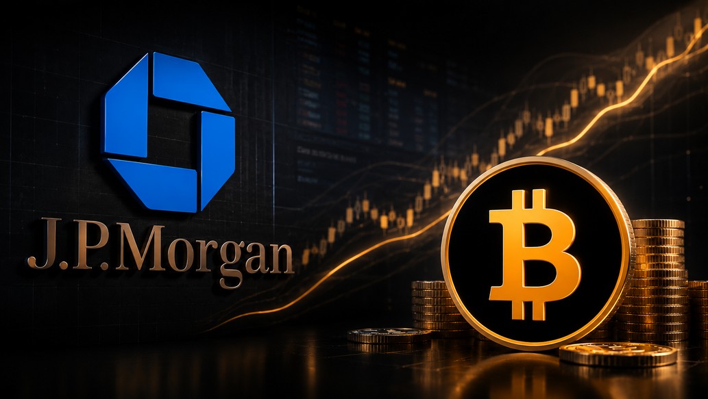 JPMorgan-Logo und Bitcoin-Logo vor steigendem Kurschart