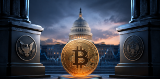 Goldene Bitcoin-Münze vor dem US-Kapitol, flankiert von Symbolen für SEC und CFTC
