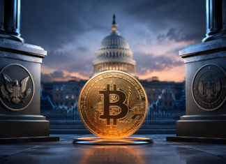 Kein Clarity Act? SEC und CFTC starten Krypto-Plan B Goldene Bitcoin-Münze vor dem US-Kapitol, flankiert von Symbolen für SEC und CFTC