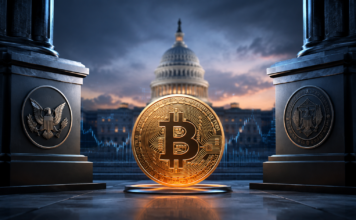 Kein Clarity Act? SEC und CFTC starten Krypto-Plan B Goldene Bitcoin-Münze vor dem US-Kapitol, flankiert von Symbolen für SEC und CFTC