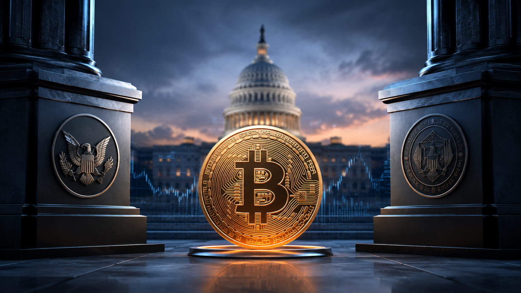 Goldene Bitcoin-Münze vor dem US-Kapitol, flankiert von Symbolen für SEC und CFTC