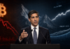 Fed-Chef Kevin Warsh vor einem fallenden Bitcoin-Chart sowie steigenden Dollar- und US-Renditekurven.