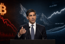 Fed-Chef Kevin Warsh vor einem fallenden Bitcoin-Chart sowie steigenden Dollar- und US-Renditekurven.