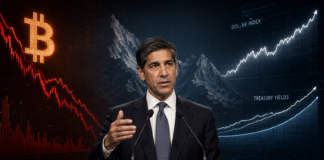 Fed-Chef Kevin Warsh vor einem fallenden Bitcoin-Chart sowie steigenden Dollar- und US-Renditekurven.