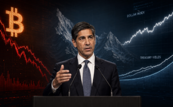 Fed-Chef Kevin Warsh vor einem fallenden Bitcoin-Chart sowie steigenden Dollar- und US-Renditekurven.