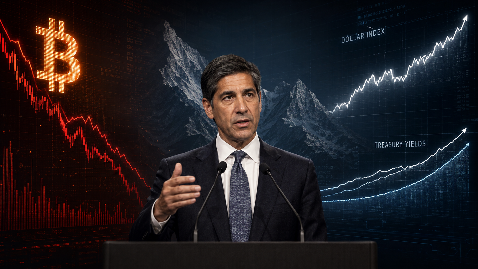 Fed-Chef Kevin Warsh vor einem fallenden Bitcoin-Chart sowie steigenden Dollar- und US-Renditekurven.