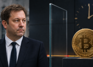 KI-generierte Darstellung von Lars Klingbeil neben einer Bitcoin-Münze, getrennt durch eine Glasscheibe