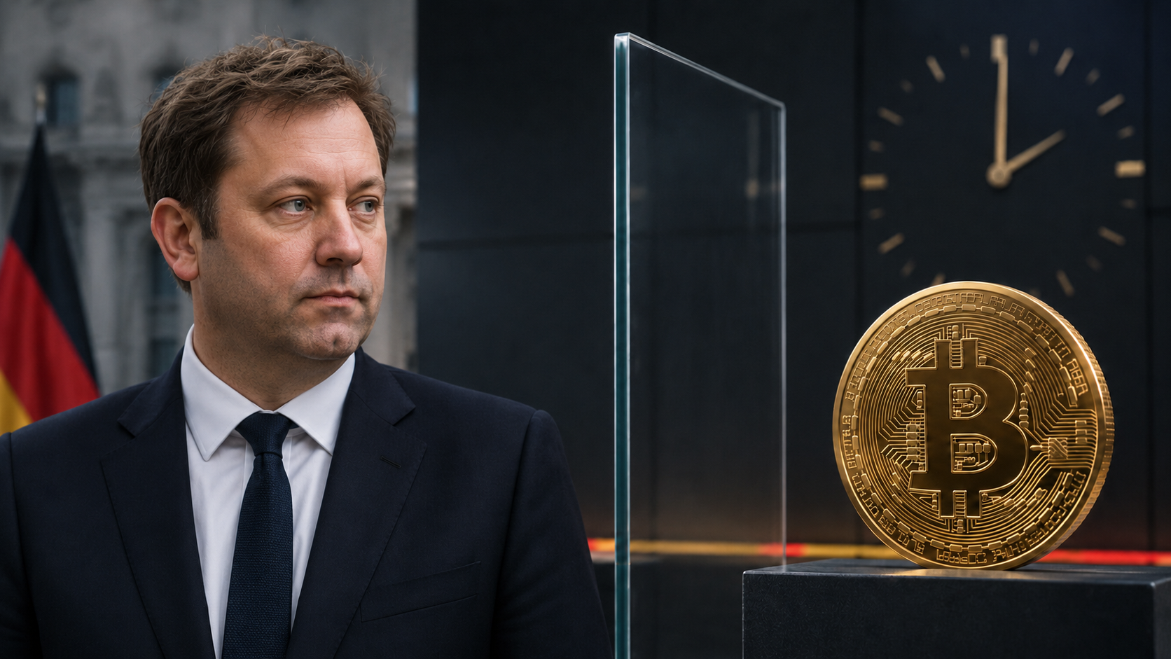 KI-generierte Darstellung von Lars Klingbeil neben einer Bitcoin-Münze, getrennt durch eine Glasscheibe