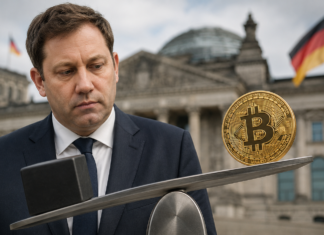 Symbolische Darstellung von Bitcoin und deutscher Politik zur geplanten Abschaffung der Krypto-Haltefrist.