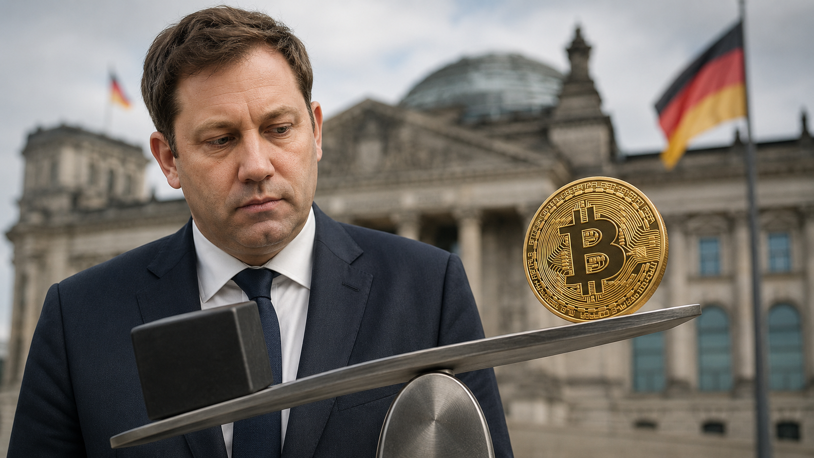 Symbolische Darstellung von Bitcoin und deutscher Politik zur geplanten Abschaffung der Krypto-Haltefrist.