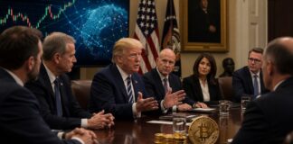 Krypto-Gipfel mit Trump erfolgreich: Wird die USA mehr Bitcoin kaufen? Donald Trump beim Krypto-Gipfel im Weißen Haus mit Branchenvertretern und Bitcoin-Symbol im Vordergrund