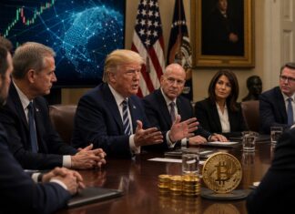 Donald Trump beim Krypto-Gipfel im Weißen Haus mit Branchenvertretern und Bitcoin-Symbol im Vordergrund