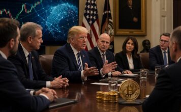 Krypto-Gipfel mit Trump erfolgreich: Wird die USA mehr Bitcoin kaufen? Donald Trump beim Krypto-Gipfel im Weißen Haus mit Branchenvertretern und Bitcoin-Symbol im Vordergrund