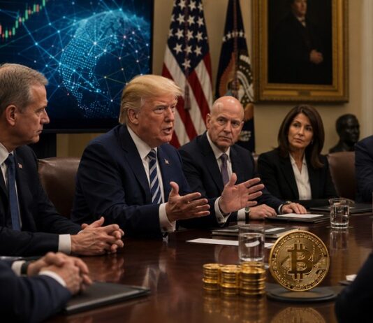 Donald Trump beim Krypto-Gipfel im Weißen Haus mit Branchenvertretern und Bitcoin-Symbol im Vordergrund