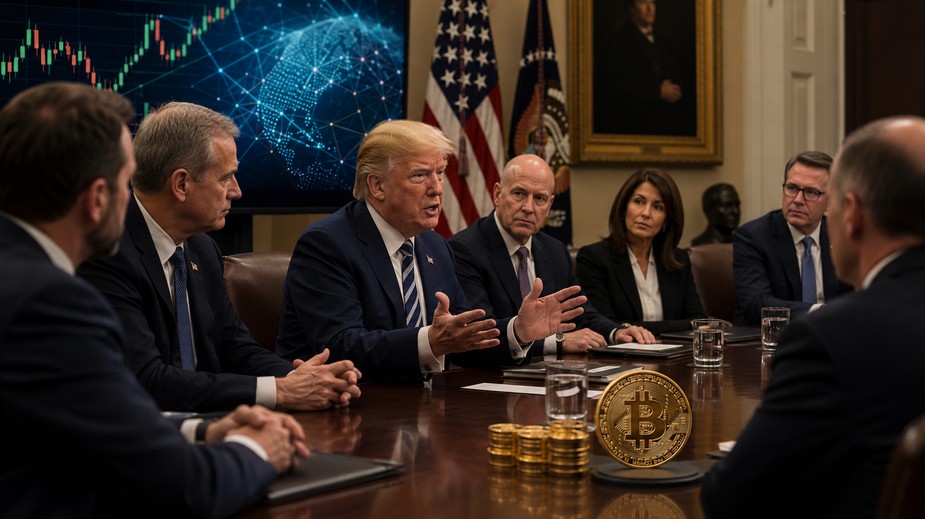 Donald Trump beim Krypto-Gipfel im Weißen Haus mit Branchenvertretern und Bitcoin-Symbol im Vordergrund