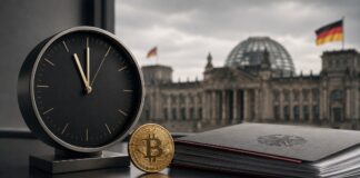 Krypto-Haltefrist auf der Kippe? 12. August wird zum Stichtag für Klingbeil Bitcoin vor dem Reichstag mit Uhr als Symbol für den Zeitdruck bei der Krypto-Steuer