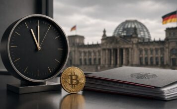 Krypto-Haltefrist auf der Kippe? 12. August wird zum Stichtag für Klingbeil Bitcoin vor dem Reichstag mit Uhr als Symbol für den Zeitdruck bei der Krypto-Steuer