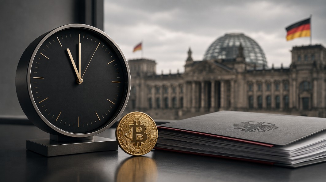 Bitcoin vor dem Reichstag mit Uhr als Symbol für den Zeitdruck bei der Krypto-Steuer