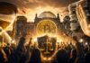 Menschen demonstrieren vor dem Reichstagsgebäude für den Erhalt der Krypto-Haltefrist, während ein leuchtender Bitcoin, eine Sanduhr und ein Schutzschild die Debatte um die geplante Steuerreform symbolisieren.