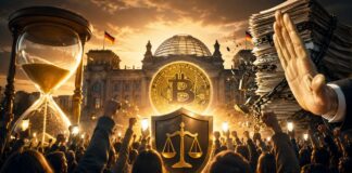 Mehr als 20.000 Zeichnungen: Petition zum Erhalt der Krypto-Haltefrist startet historisch stark Menschen demonstrieren vor dem Reichstagsgebäude für den Erhalt der Krypto-Haltefrist, während ein leuchtender Bitcoin, eine Sanduhr und ein Schutzschild die Debatte um die geplante Steuerreform symbolisieren.