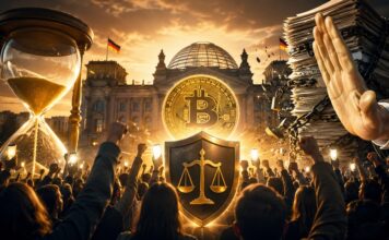 Mehr als 20.000 Zeichnungen: Petition zum Erhalt der Krypto-Haltefrist startet historisch stark Menschen demonstrieren vor dem Reichstagsgebäude für den Erhalt der Krypto-Haltefrist, während ein leuchtender Bitcoin, eine Sanduhr und ein Schutzschild die Debatte um die geplante Steuerreform symbolisieren.