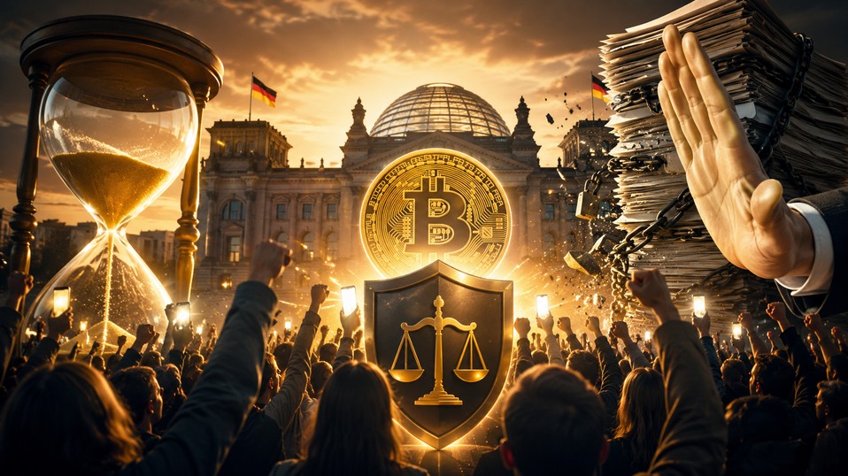 Menschen demonstrieren vor dem Reichstagsgebäude für den Erhalt der Krypto-Haltefrist, während ein leuchtender Bitcoin, eine Sanduhr und ein Schutzschild die Debatte um die geplante Steuerreform symbolisieren.