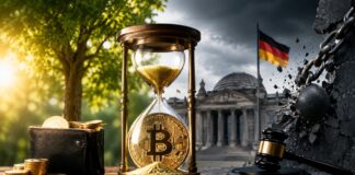 Bitcoin in einer Sanduhr vor dem Reichstagsgebäude – Symbolbild zur Petition für den Erhalt der steuerlichen Haltefrist für Kryptowährungen in Deutschland.