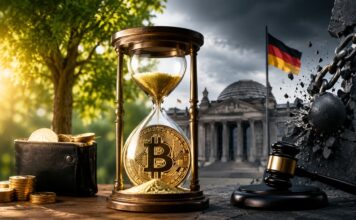 Bitcoin in einer Sanduhr vor dem Reichstagsgebäude – Symbolbild zur Petition für den Erhalt der steuerlichen Haltefrist für Kryptowährungen in Deutschland.