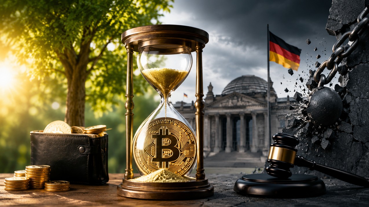 Bitcoin in einer Sanduhr vor dem Reichstagsgebäude – Symbolbild zur Petition für den Erhalt der steuerlichen Haltefrist für Kryptowährungen in Deutschland.