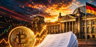 Krypto-Haltefrist: Öffentliche Anhörung kommt – kann sie die Steuerpläne noch stoppen? Bitcoin vor dem Reichstag mit Petition und Aufwärtspfeil bei dramatischem Sonnenuntergang
