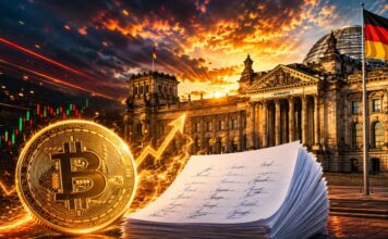Krypto-Haltefrist: Öffentliche Anhörung kommt – kann sie die Steuerpläne noch stoppen? Bitcoin vor dem Reichstag mit Petition und Aufwärtspfeil bei dramatischem Sonnenuntergang