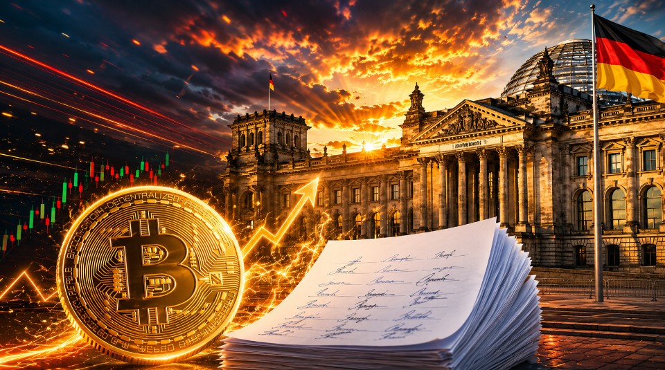Bitcoin vor dem Reichstag mit Petition und Aufwärtspfeil bei dramatischem Sonnenuntergang