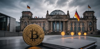 Bitcoin-Münze vor dem Reichstagsgebäude neben einer Akte zur geplanten Krypto-Steuer in Deutschland