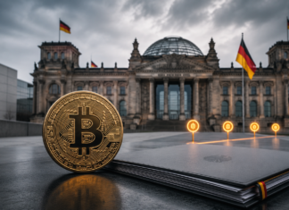 Bitcoin-Münze vor dem Reichstagsgebäude neben einer Akte zur geplanten Krypto-Steuer in Deutschland