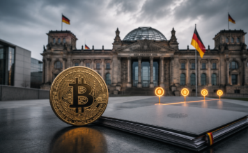 Bitcoin-Münze vor dem Reichstagsgebäude neben einer Akte zur geplanten Krypto-Steuer in Deutschland
